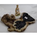 Pair of Lady’s leather and fur gloves, fully fur lined & small figurine of a nymph (2)