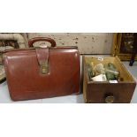 Doctors Leather Bag & box of medicine and other sauce glass bottles etc