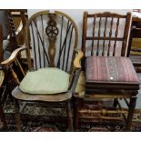 2 Oak Chairs incl. 1 wheelback carver, 1 rush seated kitchen chair & a footstool (3)