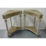 Matching Pair of Corner Tables, painted cream with floral decoration, with a drawer, 23”w x 30”h