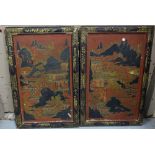 Pair of Japanned Panels, red ground, garden scenes, each 22 x 14”