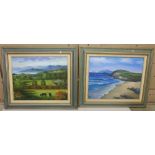 2 x framed signed modern oils on canvas, one lake and landscape with 2 black Limousine cattle, one