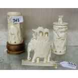 3 pieces of ornamental ivory, all carved with figures of elephants (was a table lamp, pediment etc).