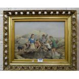 Victorian Oil on Canvas, group of children by a rockpool, in a pierced gilt frame, 12” x 13”, signed