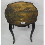 Hand Painted Lamp Table, with country scene, signed by the artist M.R, on sabre legs, 20”h x 15”w