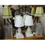 Pair of Cut Glass Table Lamps with Shades, & Pair of Stone Table Lamps (all electric)