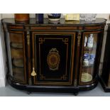 19th Century ebonised credenza, the 2 side cabinets with bowed glass, each enclosing 2 shelves, gilt