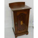Edw. Inlaid Mahogany Bedside Cabinet with a single door, 2 interior shelves, 16” w