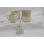 5 Belleek Items – 1st Period biscuit jar and later periods of cream jug, sugar bowl, bell & posy