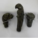 3 Bronze Walking Stick Mounts – in the form of a frog, dog and a parrot
