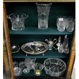 3 shelves of cut glass ware – vases, whiskey tumblers, bowls, condiments, sugar sifter, basket