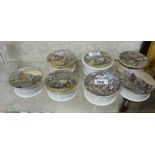 7 paste jars with decorative pot lids – 2 x Village Wedding, 2 x Shakespeare, fishing scene etc