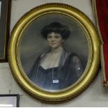 Victorian Pastel on Canvas - Portrait of a Lady wearing a pearl necklace, in oval moulded gilded
