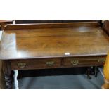Edw. Walnut Hall Table with a raised rear gallery, 2 apron drawers, on turned legs, 42”w