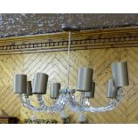 Large contemporary 8-Branch Glass Chandelier, with beige shades (approx.. 4ft wide)