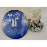 Grey and White Marble Bust of a Victorian Lady (7”h) & an oval blue and white plaque of two children