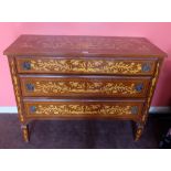 Marquetry Inlaid Chest of 3 Drawers, with on tapered legs 46”w x 19”d x 37”h, the top decorated with