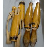Pair of wooden boot trees, pair shoe lasts, & boot horn