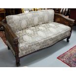 Oak Framed Two Seater Settee, with carved arms, on square front legs, bergere inserts, blue and gold