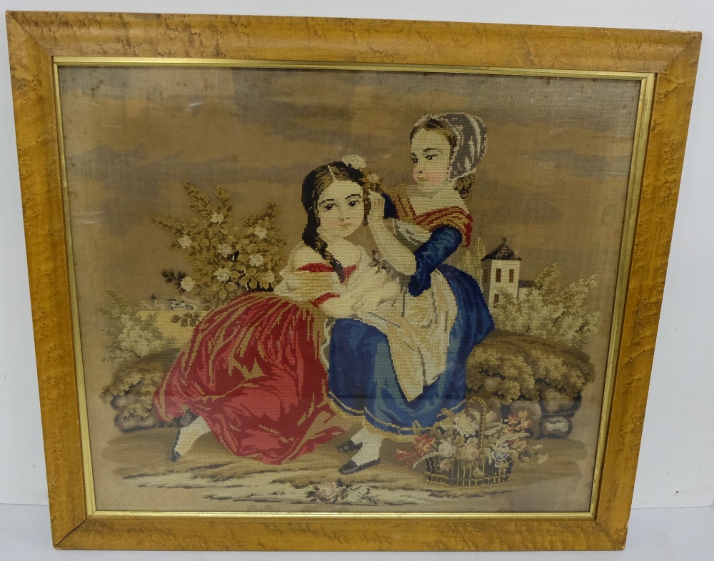 19thC Needlepoint Picture – two girls in blue and red dress “hair braiding”, maple frame, 22”w x