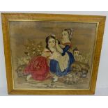 19thC Needlepoint Picture – two girls in blue and red dress “hair braiding”, maple frame, 22”w x