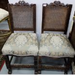 Pair of Oak Framed Side Chairs, with carved top rails over bergere backs, blue and gold satin fabric
