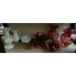 Red Glass Jug, Vase, bowl (chip) & 3 Belleek Items incl. 2 modern vases & a 1st period bowl (shelf