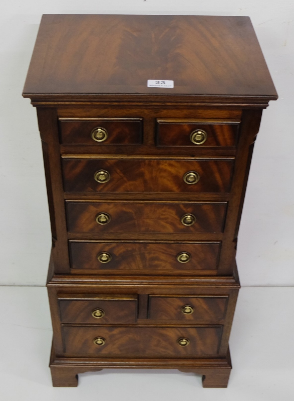 Miniature Mahogany Tallboy, 4 short drawers & 4 long drawers, bracket feet, 30”h x 15”w