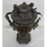 Ornate Metal Urn with Lid, two carrying handles, embossed with cherubs, 17”h