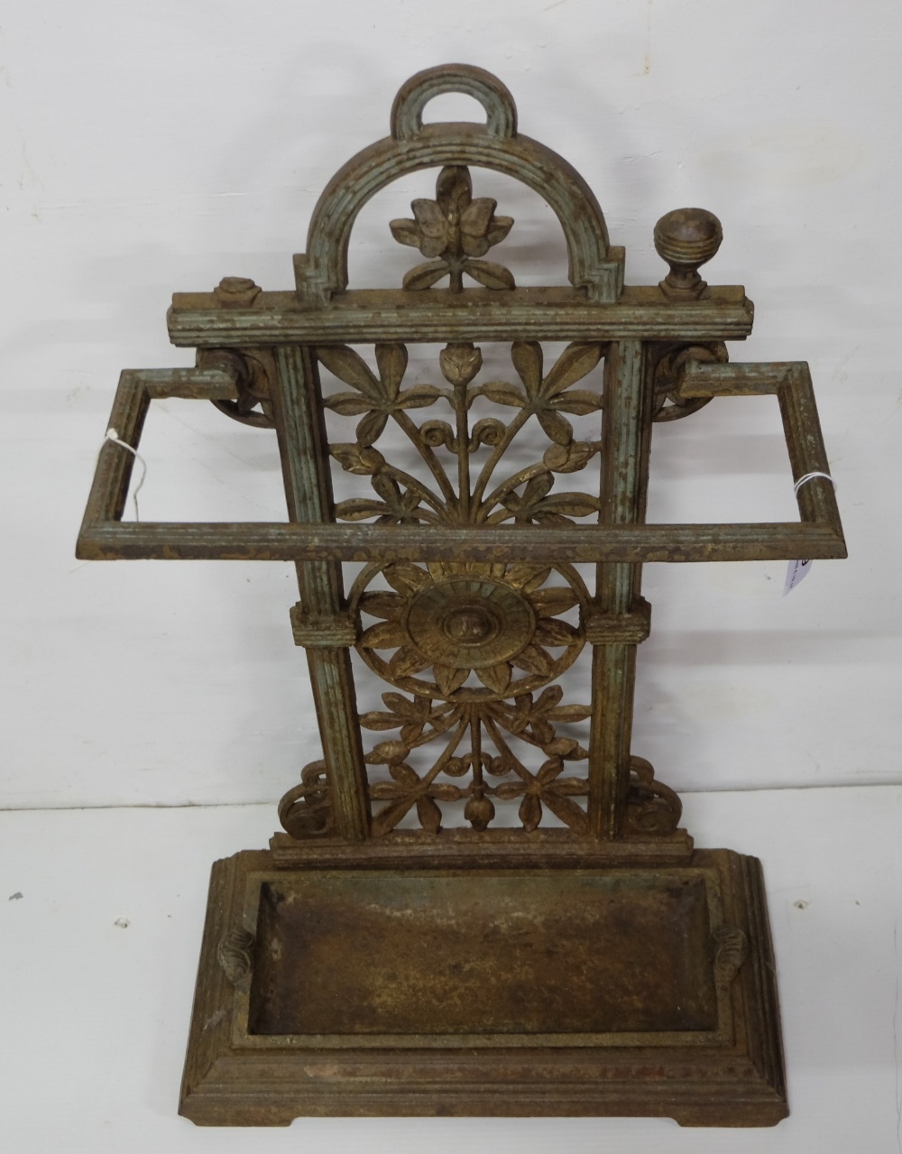 Edwardian Cast Iron Stick Stand, with fretwork back, painted green (lozenge mark)