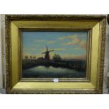 G S TEYONG signed 19th Century gilt framed oil on canvas of windmills by water 18"x23"