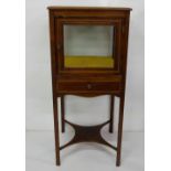 Narrow Display Lamp Table, with glass cabinet door and side panels, on tapered legs, apron