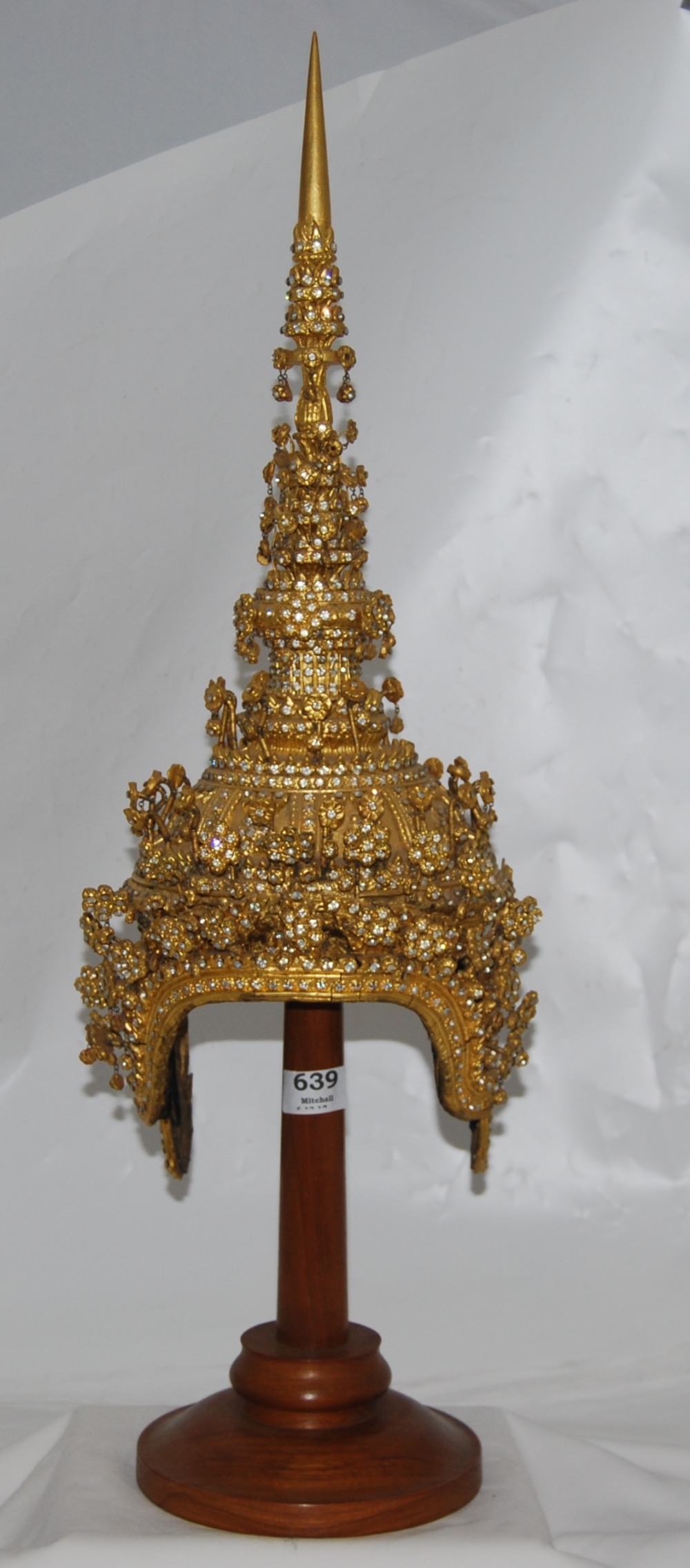 Ornamental Thai Dancers Headdress, gold with sparkles, on a turned stand, 22”h