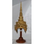Ornamental Thai Dancers Headdress, gold with sparkles, on a turned stand, 22”h