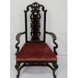 Edwardian Mahogany Occasional Armchair, with decorative splat back, mauve velvet covered padded