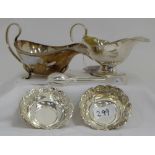 Pair of Indian Silver Pin Trays, two plated sauce boats, plated sugar tongs (5)