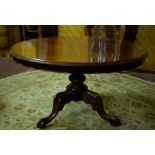 Victorian Polished Mahogany Centre/Dining Table, on a tripod base with 3 cabriole legs, 44” dia