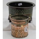 2 antique copper pots - 1 Persian, with carrying handle (6.5”h), 1 round on 3 feet (11”dia)