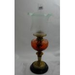 Brass oil lamp, with smoky orange bowl and floral fluted edged opaque shade, 20”h