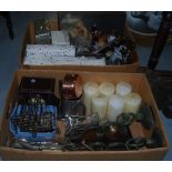 2 boxes – sl plate cutlery, candles, Christmas decorations, clock & framed print of Jesus etc