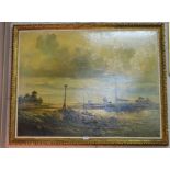 Large Oil on Canvas – Dutch River Scene with Fishing Boats, 35” x 48”, gilt frame