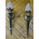 Matching Pair of ornate “Olympic Flame” Bronze Wall lights with brass fittings and a glass shades,