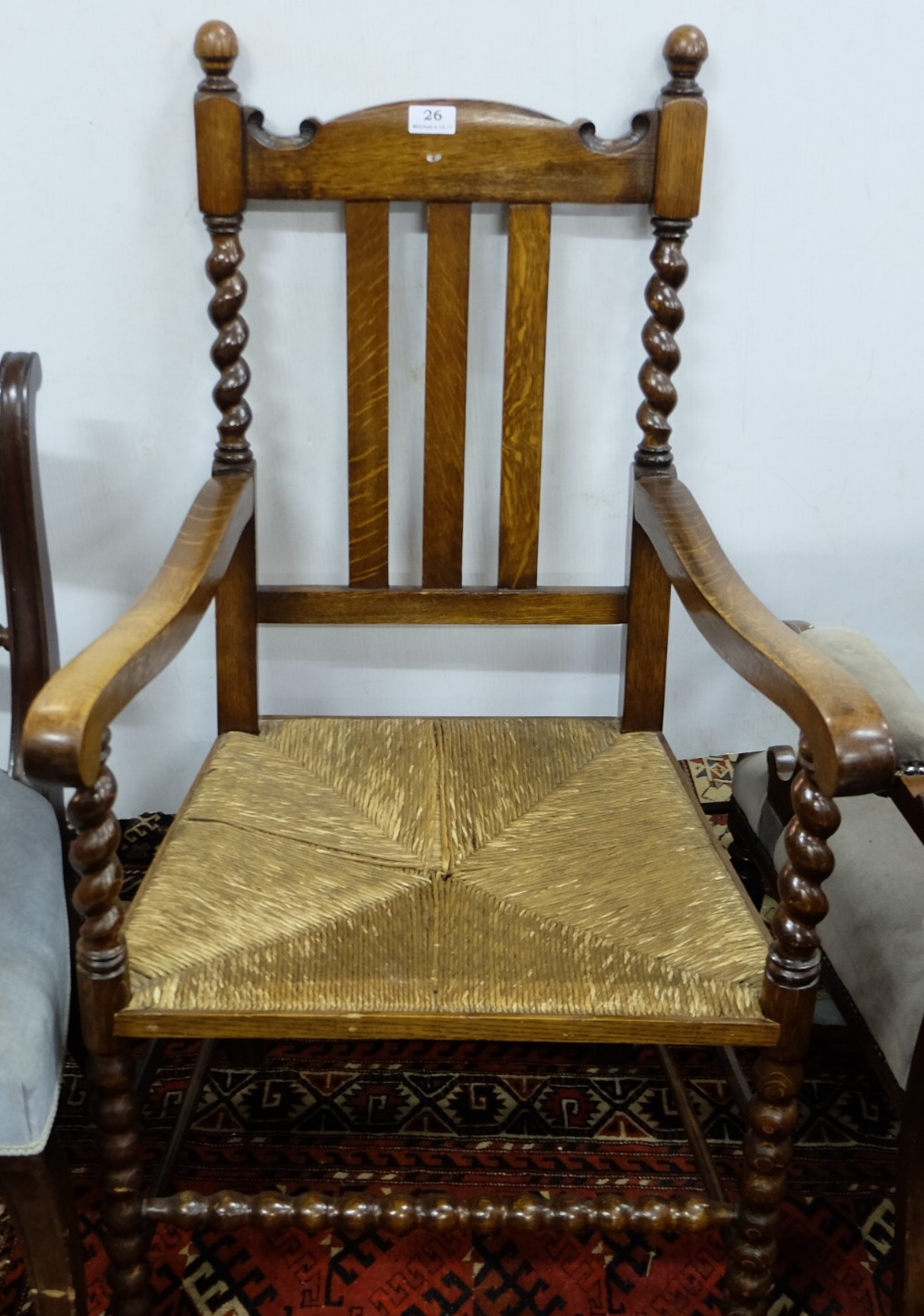 Oak Armchair, with rail back and wicker seat