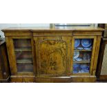 Victorian Walnut Credenza, the central cabinet door marquetry inlaid with two side glass front doors