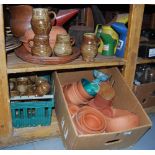 Box of Studio Pottery Mugs and vases & Box of Terracotta bowls, casserole dish etc (2 boxes)