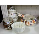 Pottery Biscuit Jar, Imari pattern salad bowl with pair of matching servers, oak framed biscuit