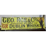 Geo. Roe & Co Dublin Whiskey Enamel Advertising Sign, yellow background with black and red lettering