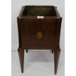 Mahogany Planter, with tin liner, on tapered legs with side brass handles, 11” sq x 19”h