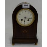 Mantle Clock in an inlaid mahogany case, white dial, 10”h