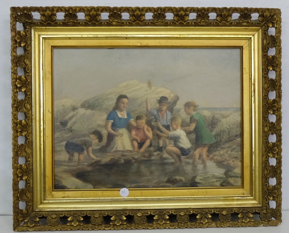 Early 19thC Needlework, family group in garden with goats, 15”w x 18”h